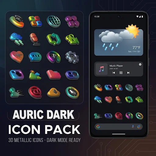Download Auric Dark – 3D Icon Pack Terbaru – Ikon Premium AMOLED - Screenshot 1